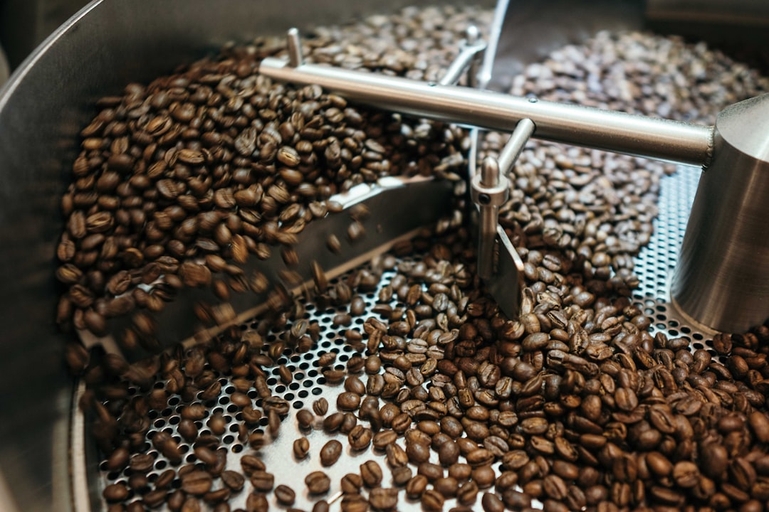 Coffee beans roasting in a vintage Probat drum roaster with smoke curling off the batch